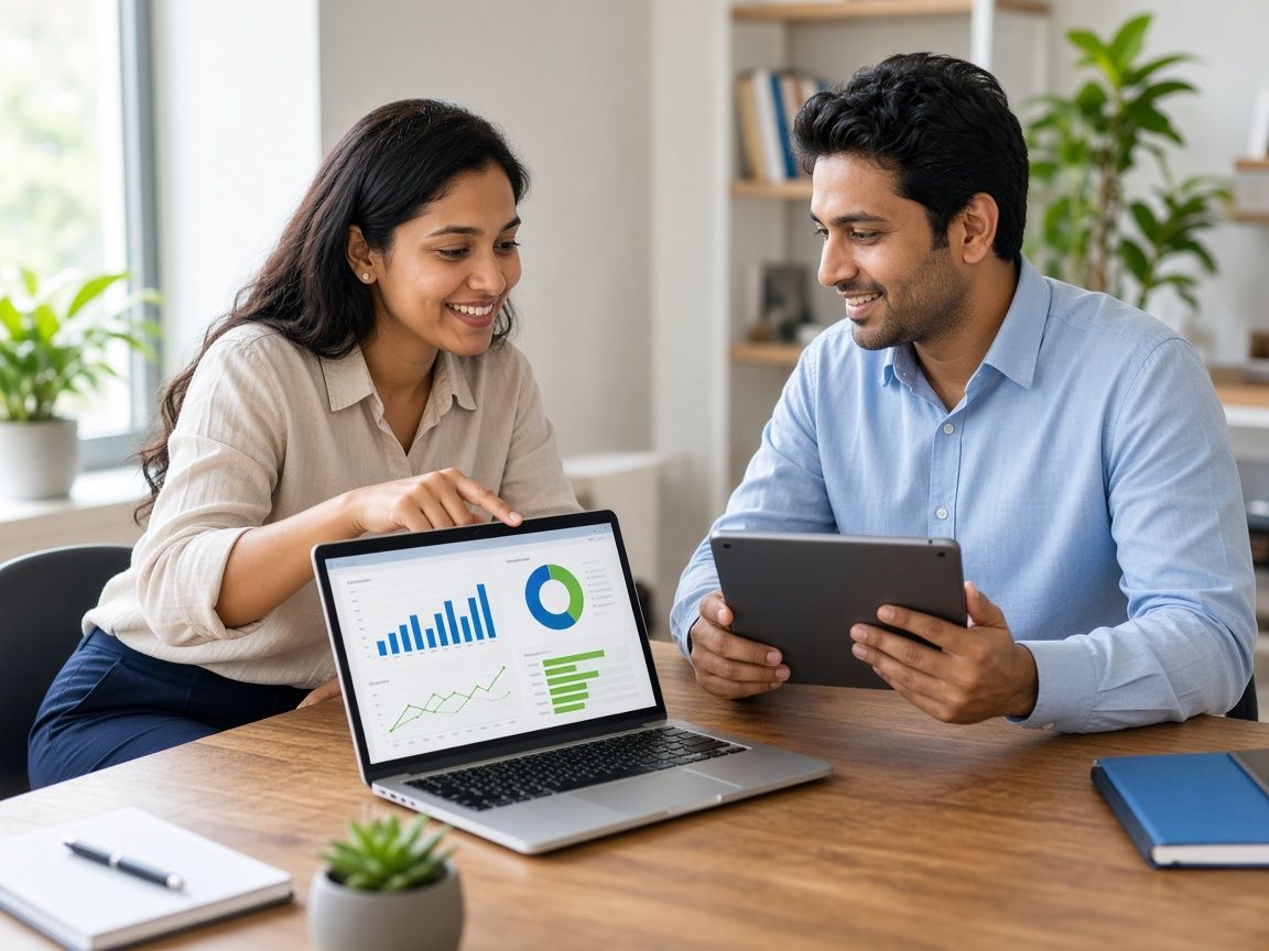 A business consultant and a technical specialist reviewing an ERP dashboard together