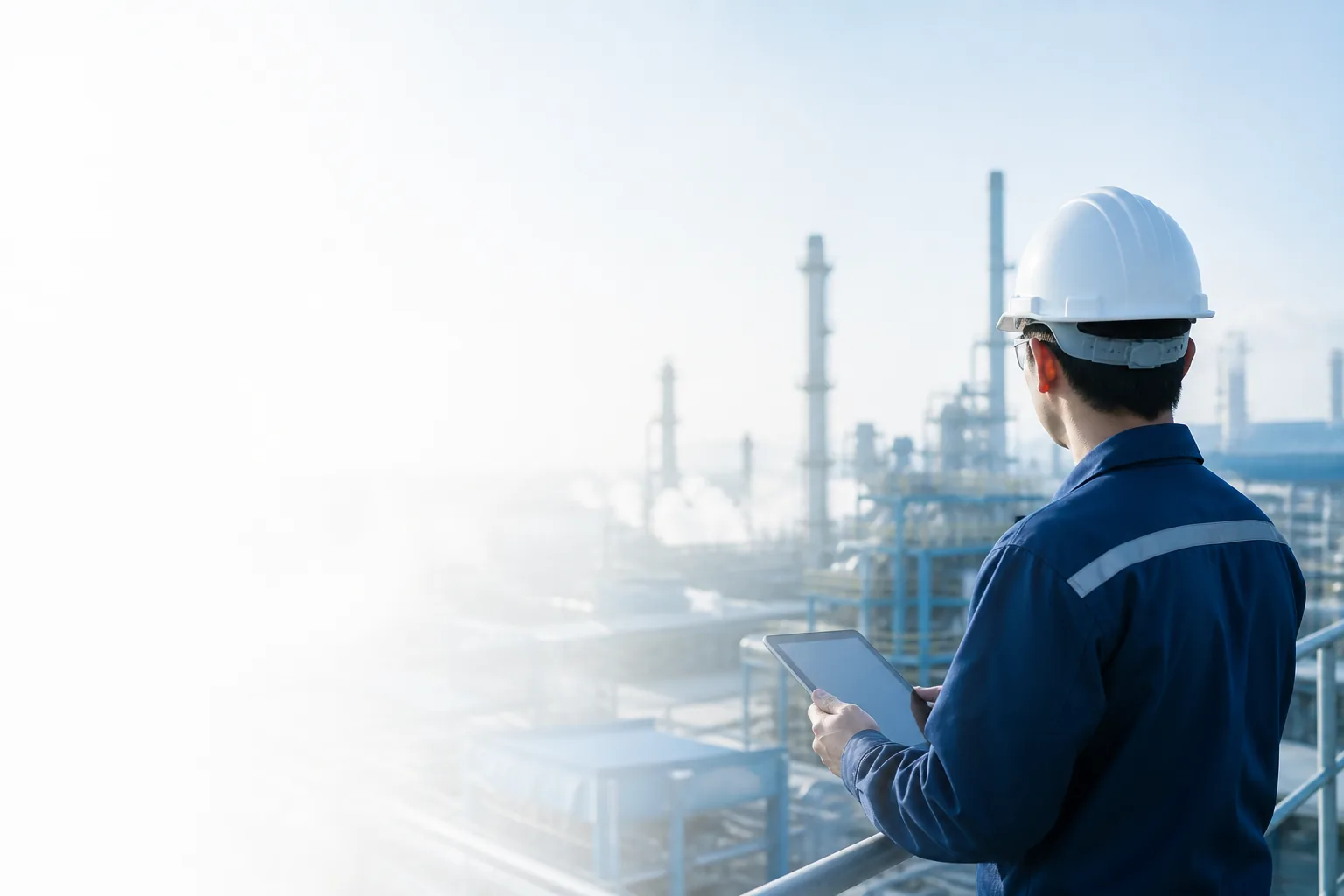 Plant engineer reviewing live ERP data on a tablet at an industrial facility